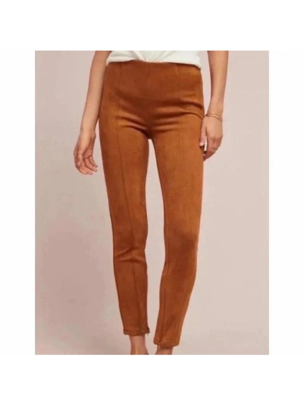 Anthropologie Rust Faux Suede Ponte Pants/Leggings with Ankle Zippers, Size 28. - Picture 9 of 16